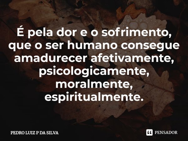 É pela dor e o sofrimento, que o ser humano consegue amadurecer afetivamente, psicologicamente, moralmente, espiritualmente.⁠... Frase de PEDRO LUIZ P DA SILVA.