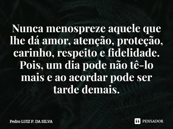 Nunca menospreze aquele que lhe dá amor, atenção, proteção, carinho, respeito e fidelidade. Pois, um dia pode não tê-lo mais e ao acordar pode ser tarde demais.... Frase de Pedro Luiz P. DA SILVA.