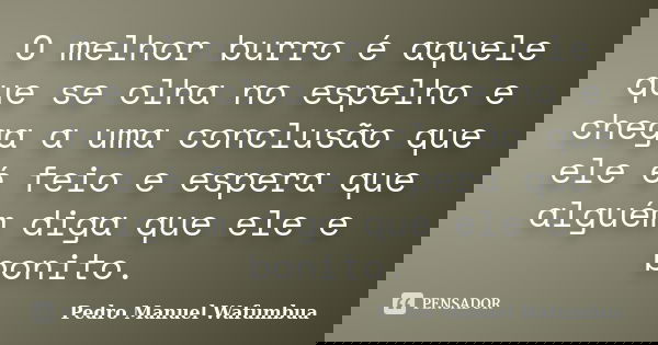O melhor burro é aquele que se olha no espelho e chega a uma conclusão que ele é feio e espera que alguém diga que ele e bonito.... Frase de Pedro Manuel Wafumbua.