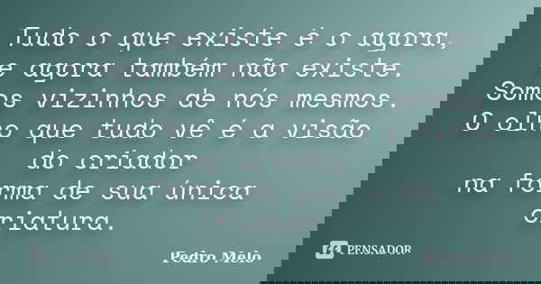 Tudo o que existe é o agora, e agora também não existe. Somos vizinhos de nós mesmos. O olho que tudo vê é a visão do criador na forma de sua única criatura.... Frase de Pedro Melo.