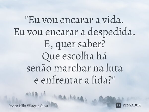 ⁠"Eu vou encarar a vida. Eu vou encarar a despedida. E, quer saber? Que escolha há senão marchar na luta e enfrentar a lida?"... Frase de Pedro Nilo Vilaça e Silva.