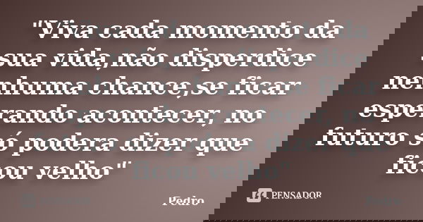 "Viva cada momento da sua vida,não disperdice nenhuma chance,se ficar esperando acontecer, no futuro só podera dizer que ficou velho"... Frase de Pedro.