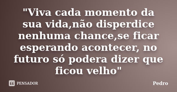 "Viva cada momento da sua vida,não disperdice nenhuma chance,se ficar esperando acontecer, no futuro só podera dizer que ficou velho"... Frase de Pedro.