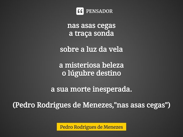 ⁠nas asas cegas
a traça sonda sobre a luz da vela a misteriosa beleza
o lúgubre destino a sua morte inesperada. (Pedro Rodrigues de Menezes, "nas asas cega... Frase de Pedro Rodrigues de Menezes.