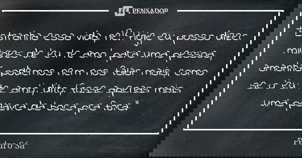 "Estranha essa vida, né!? Hoje eu posso dizer milhões de 'eu te amo' para uma pessoa, amanhã podemos nem nos falar mais, como se o 'eu te amo', dito, fosse... Frase de Pedro Sá.