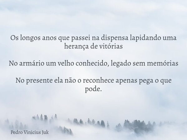 Os longos anos que passei na dispensa lapidando uma herança de vitórias No armário um velho conhecido, legado sem memórias No presente ela não o reconhece apena... Frase de Pedro Vinicius Juk.
