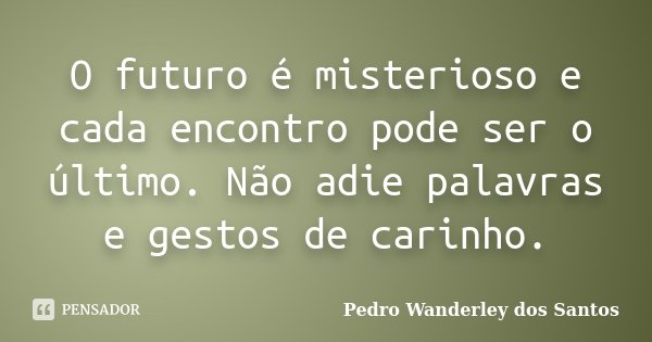 O futuro é misterioso e cada encontro pode ser o último. Não adie palavras e gestos de carinho.... Frase de Pedro Wanderley dos Santos.