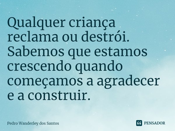 ⁠Qualquer criança reclama ou destrói. Sabemos que estamos crescendo quando começamos a agradecer e a construir.... Frase de Pedro Wanderley dos Santos.