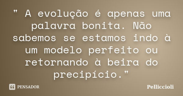 " A evolução é apenas uma palavra bonita. Não sabemos se estamos indo à um modelo perfeito ou retornando à beira do precipício."... Frase de Pelliccioli.