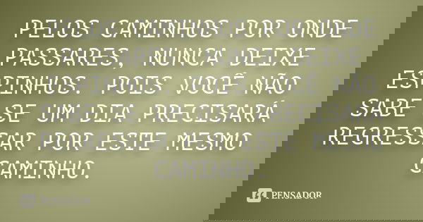 PELOS CAMINHOS POR ONDE PASSARES, NUNCA DEIXE ESPINHOS. POIS VOCÊ NÃO SABE SE UM DIA PRECISARÁ REGRESSAR POR ESTE MESMO CAMINHO.