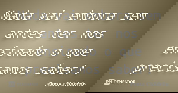 Nada vai embora sem antes ter nos ensinado o que precisamos saber!... Frase de Pema Chodron.