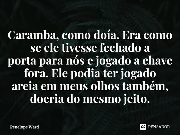 ⁠Caramba, como doía. Era como se ele tivesse fechado a
porta para nós e jogado a chave fora. Ele podia ter jogado
areia em meus olhos também, doeria do mesmo je... Frase de Penelope Ward.