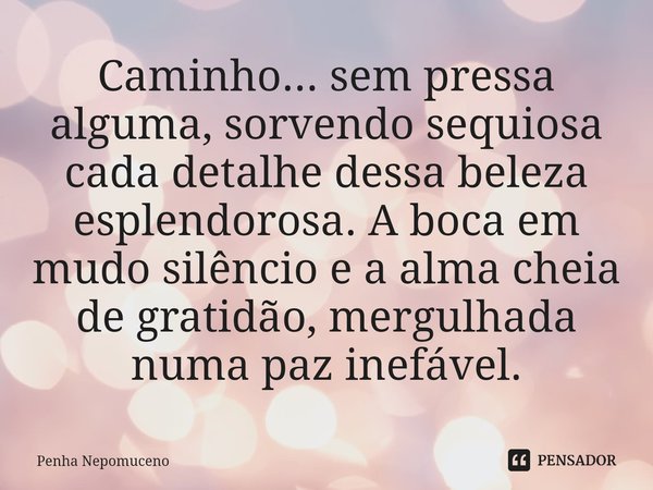 ⁠Caminho... sem pressa alguma, sorvendo sequiosa cada detalhe dessa beleza esplendorosa. A boca em mudo silêncio e a alma cheia de gratidão, mergulhada numa paz... Frase de Penha Nepomuceno.