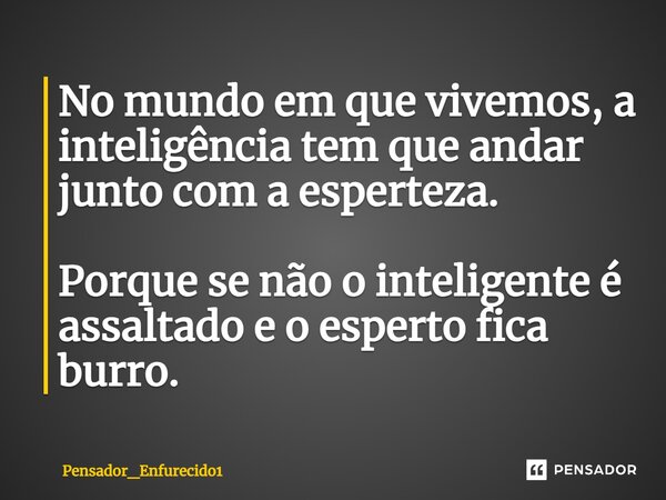 ⁠No mundo em que vivemos, a inteligência tem que andar junto com a esperteza. Porque se não o inteligente é assaltado e o esperto fica burro.... Frase de Pensador_Enfurecido1.