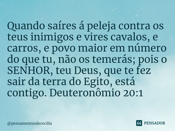 Quando saíres à peleja contra os teus inimigos e vires cavalos, e carros, e povo maior em número do que tu, não os temerás; pois o SENHOR, teu Deus, que te fez ... Frase de Bíblia Sagrada.