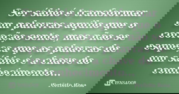 Ser sábio é transformar em palavras aquilo que o coração sente, mas não se esqueça que as palavras de um sábio é a chave do conhecimento...... Frase de Perfeito Rosa.