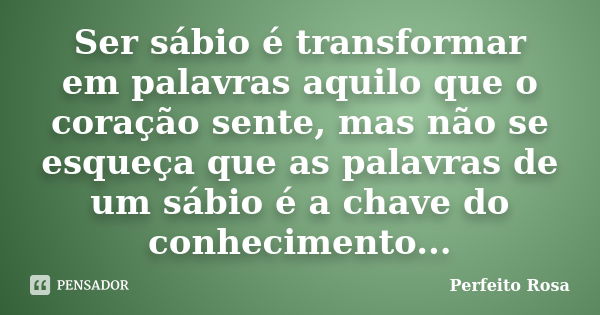 Ser sábio é transformar em palavras aquilo que o coração sente, mas não se esqueça que as palavras de um sábio é a chave do conhecimento...... Frase de Perfeito Rosa.