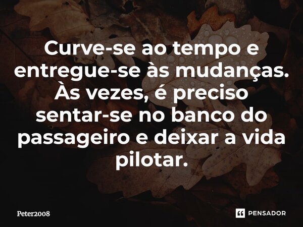⁠Curve-se ao tempo e entregue-se às mudanças. Às vezes, é preciso sentar-se no banco do passageiro e deixar a vida pilotar.... Frase de Peter2008.
