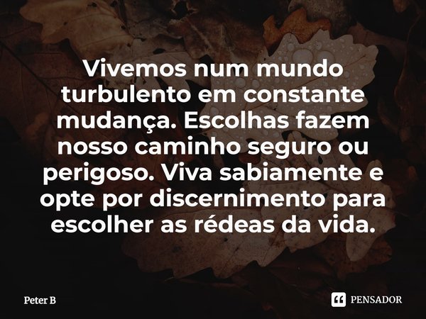 Vivemos num mundo turbulento em constante mudança. Escolhas fazem nosso caminho seguro ou perigoso. Viva sabiamente e opte por discernimento para escolher as ré... Frase de Peter B.