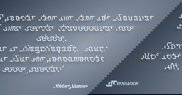 O poeta tem um tom de loucura E uma certa travessura nos dedos, Torna a imaginação, sua; Vai até a lua em pensamento. Ah, esse poeta!... Frase de Peter James.