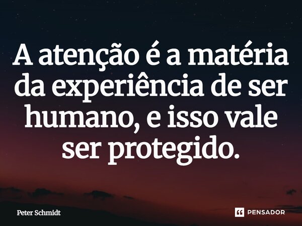 ⁠A atenção é a matéria da experiência de ser humano, e isso vale ser protegido.... Frase de Peter Schmidt.