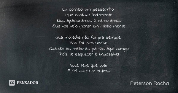 Eu conheci um passarinho Que cantava lindamente Nos apaixonamos e namoramos Sua voz veio morar em minha mente Sua moradia não foi pra sempre Mas foi inesquecíve... Frase de Peterson Rocha.