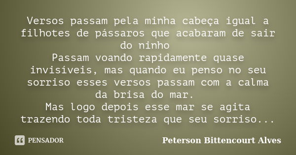 Versos passam pela minha cabeça igual a filhotes de pássaros que acabaram de sair do ninho Passam voando rapidamente quase invisíveis, mas quando eu penso no se... Frase de Peterson Bittencourt Alves.