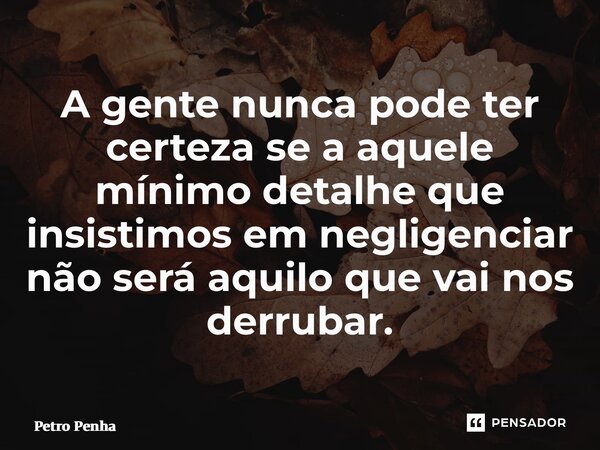 ⁠A gente nunca pode ter certeza se a aquele mínimo detalhe que insistimos em negligenciar não será aquilo que vai nos derrubar.... Frase de Petro Penha.