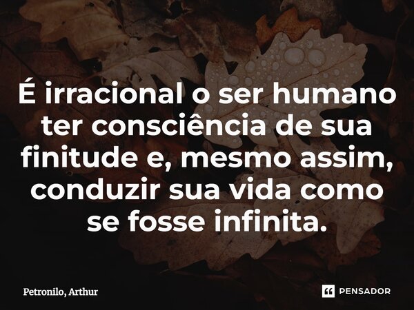 ⁠É irracional o ser humano ter consciência de sua finitude e, mesmo assim, conduzir sua vida como se fosse infinita.... Frase de Petronilo, Arthur.