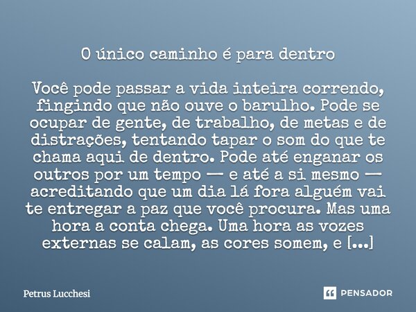 O único caminho é para dentro Você pode passar a vida inteira correndo, fingindo que não ouve o barulho. Pode se ocupar de gente, de trabalho, de metas e de di... Frase de Petrus Lucchesi.