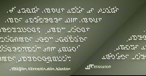 A cada novo dia a vida nos oferece um novo percusso, por isso precisamos ser sábios para discernir em qual deles iremos prosseguir.... Frase de Philipe Ferreira dos Santos.