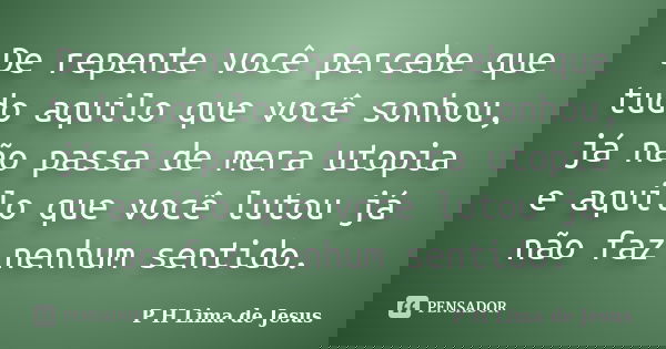 De repente você percebe que tudo aquilo que você sonhou, já não passa de mera utopia e aquilo que você lutou já não faz nenhum sentido.... Frase de P H Lima de Jesus.