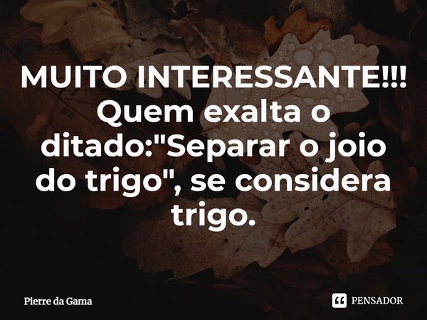 ⁠MUITO INTERESSANTE!!!
Quem exalta o ditado: "Separar o joio do trigo", se considera trigo.... Frase de Pierre da Gama.