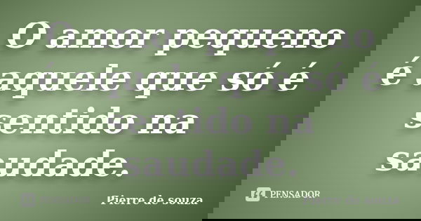 O amor pequeno é aquele que só é sentido na saudade.... Frase de Pierre de souza.