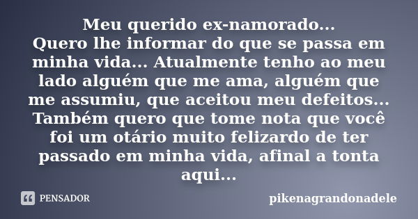 Meu querido ex-namorado... Quero lhe informar do que se passa em minha vida... Atualmente tenho ao meu lado alguém que me ama, alguém que me assumiu, que aceito... Frase de pikenagrandonadele.