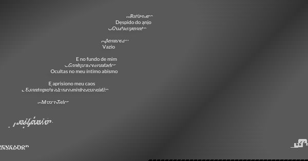 Retiro-me Despido do anjo Ou da serpente Apenas eu Vazio E no fundo de mim Conheço as verdades Ocultas no meu íntimo abismo E aprisiono meu caos E contemplo a l... Frase de pilgrim.
