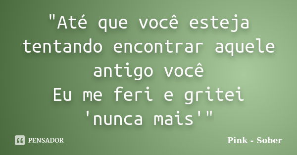 "Até que você esteja tentando encontrar aquele antigo você Eu me feri e gritei 'nunca mais'"... Frase de Pink - Sober.