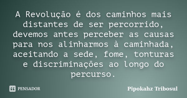 A Revolução é dos caminhos mais distantes de ser percorrido, devemos antes perceber as causas para nos alinharmos à caminhada, aceitando a sede, fome, tonturas ... Frase de Pipokahz Tribosul.