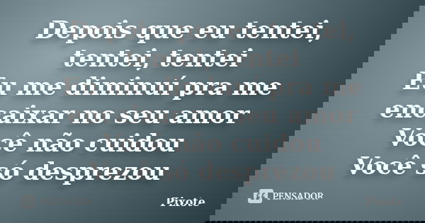 Depois que eu tentei, tentei, tentei Eu me diminuí pra me encaixar no seu amor Você não cuidou Você só desprezou... Frase de Pixote.
