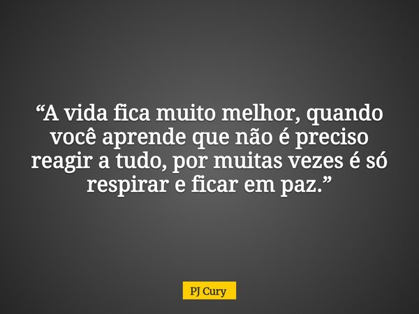 “A vida fica muito melhor, quando você aprende que não é preciso reagir a tudo, por muitas vezes é só respirar e ficar em paz.”... Frase de PJ Cury.