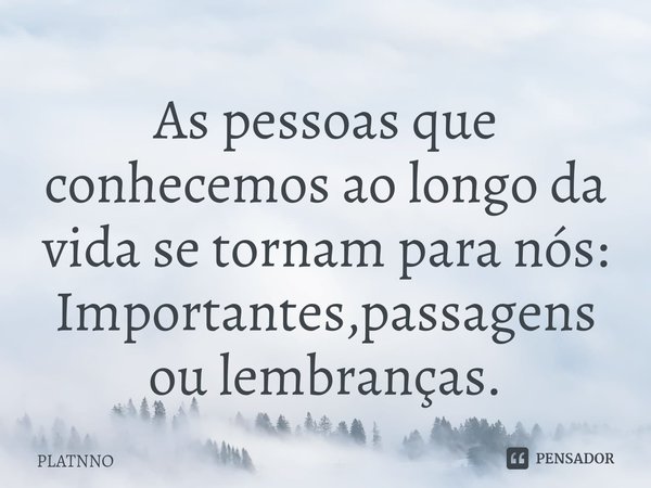 ⁠As pessoas que conhecemos ao longo da vida se tornam para nós:
Importantes,passagens ou lembranças.... Frase de PLATNNO.