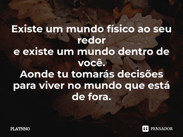 ⁠Existe um mundo físico ao seu redor e existe um mundo dentro de você. Aonde tu tomarás decisões para viver no mundo que está de fora.... Frase de PLATNNO.
