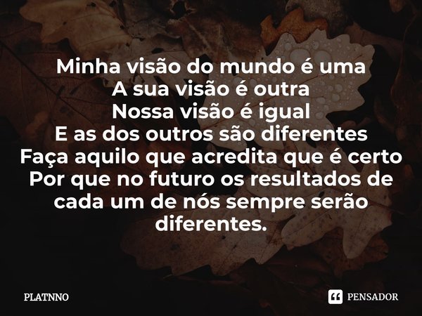 Minha visão do mundo é uma
A sua visão é outra
Nossa visão é igual
E as dos outros são diferentes
Faça aquilo que acredita que é certo
Por que no futuro os res... Frase de PLATNNO.