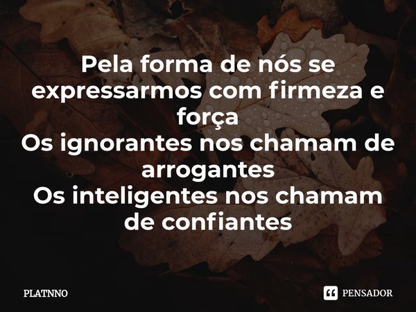 ⁠Pela forma de nós se expressarmos com firmeza e força
Os ignorantes nos chamam de arrogantes
Os inteligentes nos chamam de confiantes... Frase de PLATNNO.