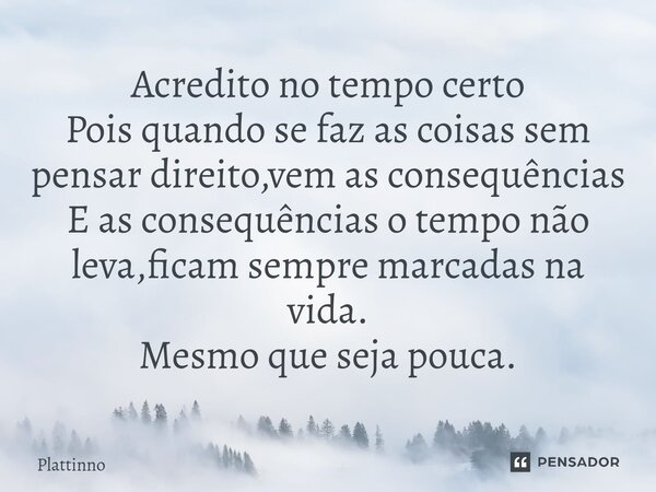 ⁠Acredito no tempo certo Pois quando se faz as coisas sem pensar direito,vem as consequências E as consequências o tempo não leva,ficam sempre marcadas na vida.... Frase de Plattinno.