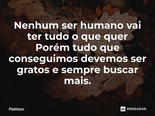 ⁠Nenhum ser humano vai ter tudo o que quer Porém tudo que conseguimos devemos ser gratos e sempre buscar mais.... Frase de Plattinno.