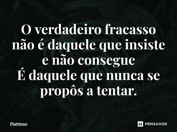 ⁠O verdadeiro fracasso não é daquele que insiste e não consegue É daquele que nunca se propôs a tentar.... Frase de Plattinno.