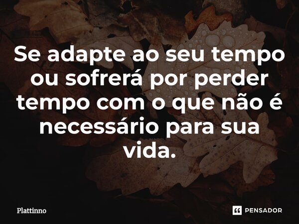 ⁠Se adapte ao seu tempo ou sofrerá por perder tempo com o que não é necessário para sua vida.... Frase de Plattinno.