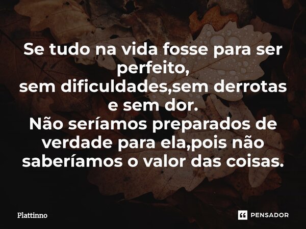 ⁠Se tudo na vida fosse para ser perfeito, sem dificuldades,sem derrotas e sem dor. Não seríamos preparados de verdade para ela,pois não saberíamos o valor das c... Frase de Plattinno.