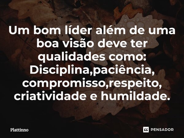 Um bom líder além de uma boa visão deve ter qualidades como: Disciplina, paciência, compromisso, respeito, criatividade e humildade.... Frase de Plattinno.